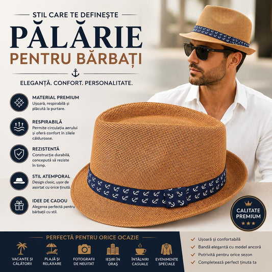 Pălărie Panama Maro pentru Bărbați cu Model Ancoră – Elegantă, Respirabilă și Modernă