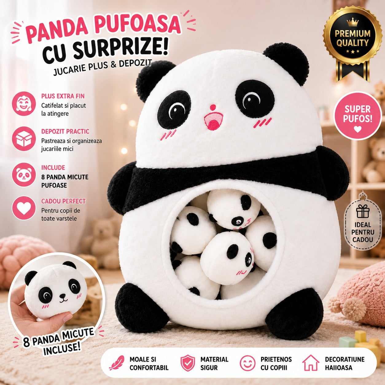 Panda de Plus cu Puiuti, 50x45 cm, Jucarie Mare, Pufoasa si Adorabila pentru Copii