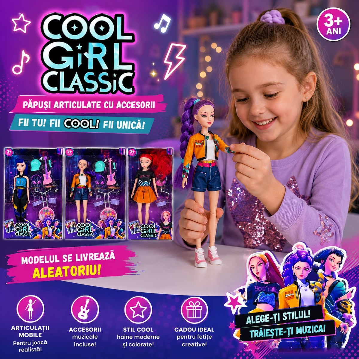 Păpușă Articulată Cool Girl Classic cu Accesorii Muzicale, Model Aleatoriu, pentru Copii 3+ Ani