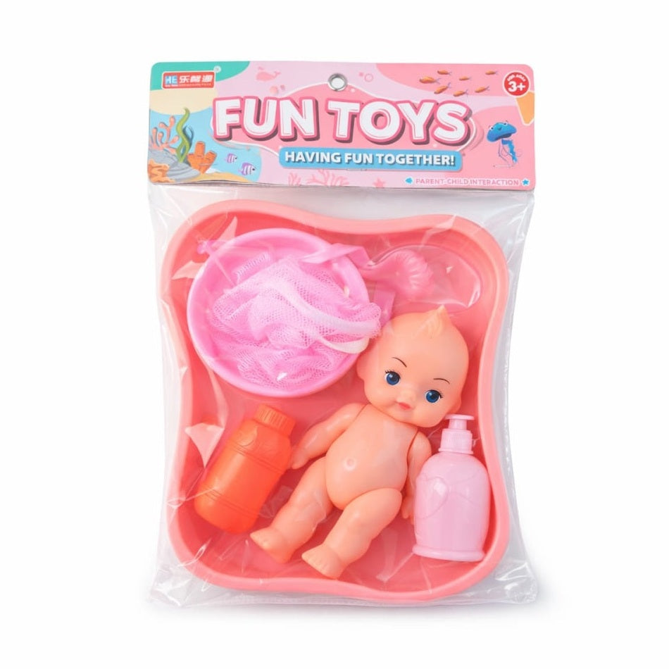 Papusa bebe cu cadita si accesorii baie roz, set jucarie copii