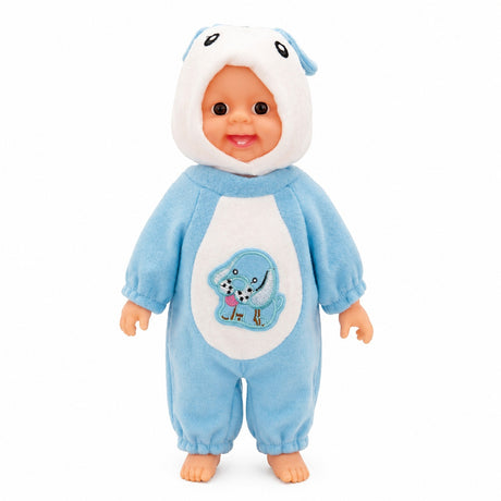 Papusa bebelus 35cm care rade, costum albastru cu gluga, jucarie copii