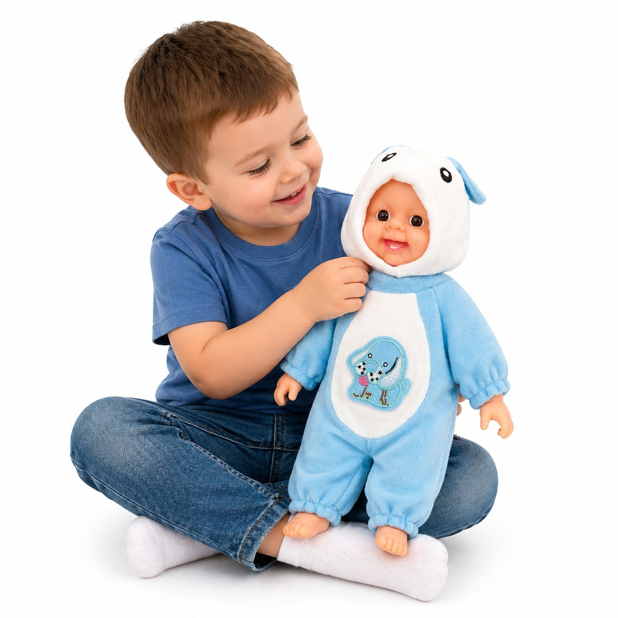 Papusa bebelus 35cm care rade, costum albastru cu gluga, jucarie copii