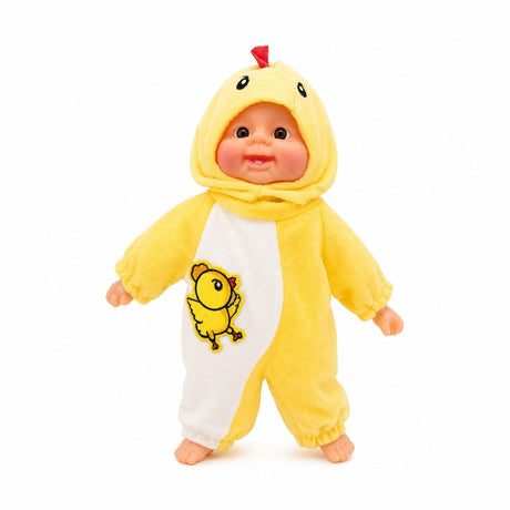 Papusa bebelus 35cm care rade, costum galben pui, jucarie copii