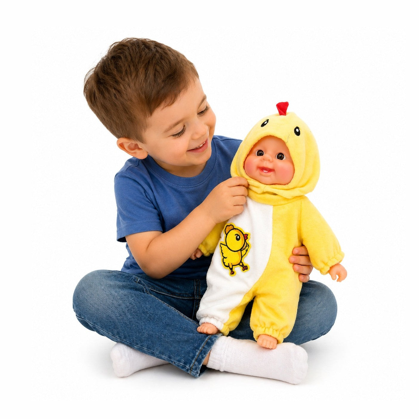 Papusa bebelus 35cm care rade, costum galben pui, jucarie copii
