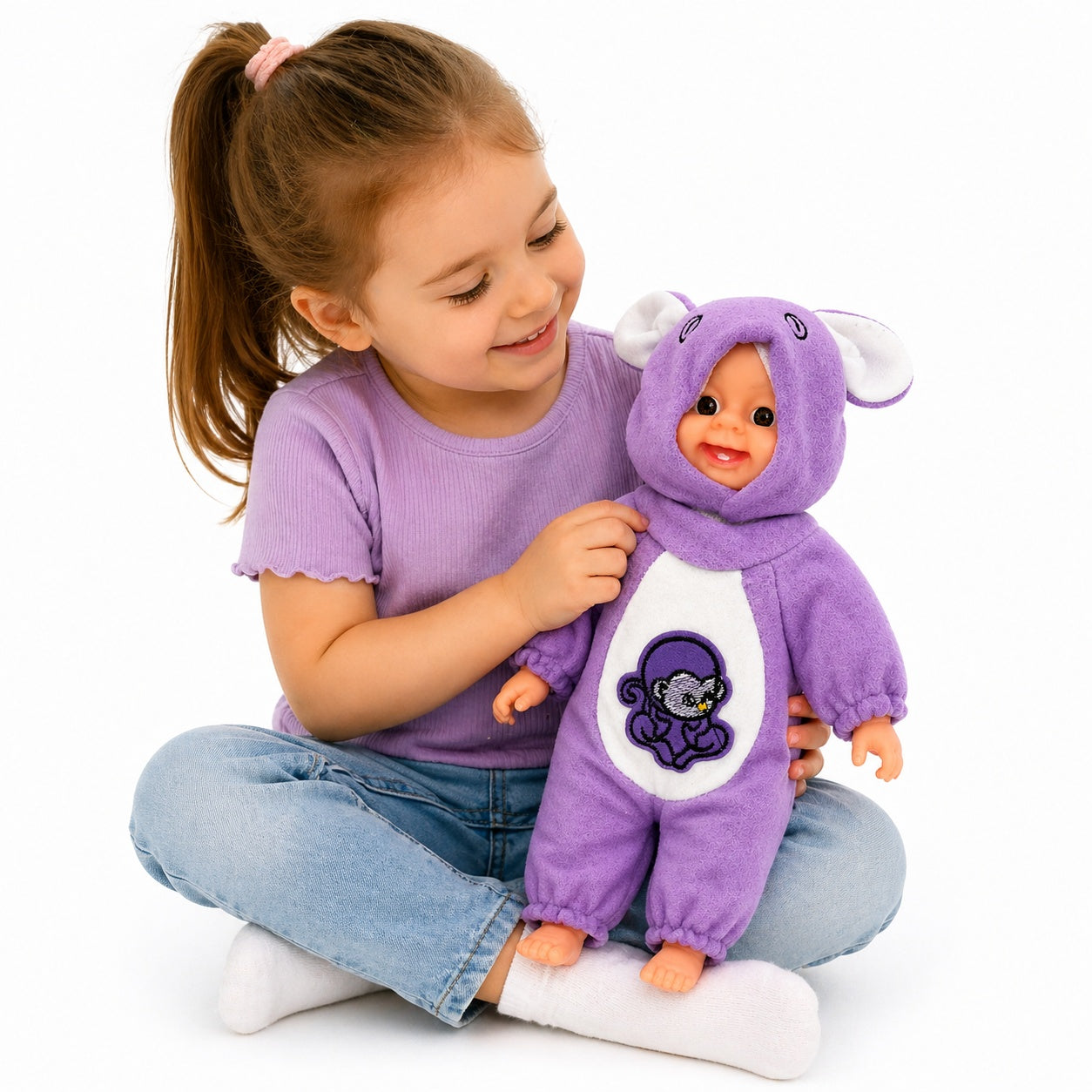 Papusa bebelus 35cm care rade, costum mov cu gluga, jucarie copii