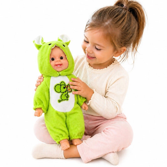 Papusa bebelus 35cm care rade, costum verde cu gluga, jucarie copii