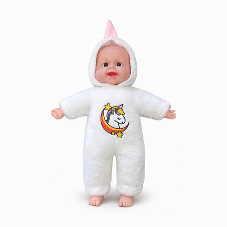 Papusa bebelus 50 cm, costum alb pufos cu unicorn, recita Ingerasul, jucarie interactiva