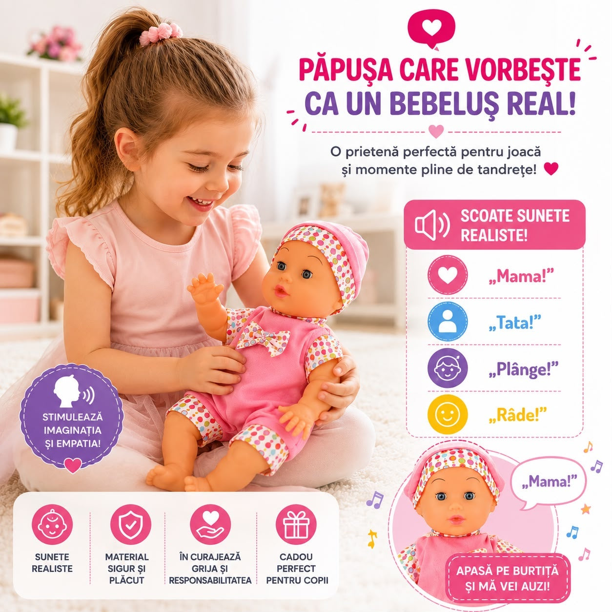 Păpușă Bebeluș Interactivă 27 cm cu Sunete, Vorbește „Mama” și „Tata”, Râde, Jucărie pentru Copii