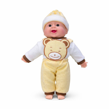 Papusa bebelus interactiva 40 cm, costum galben cu ursulet, rade in hohote, baterii incluse