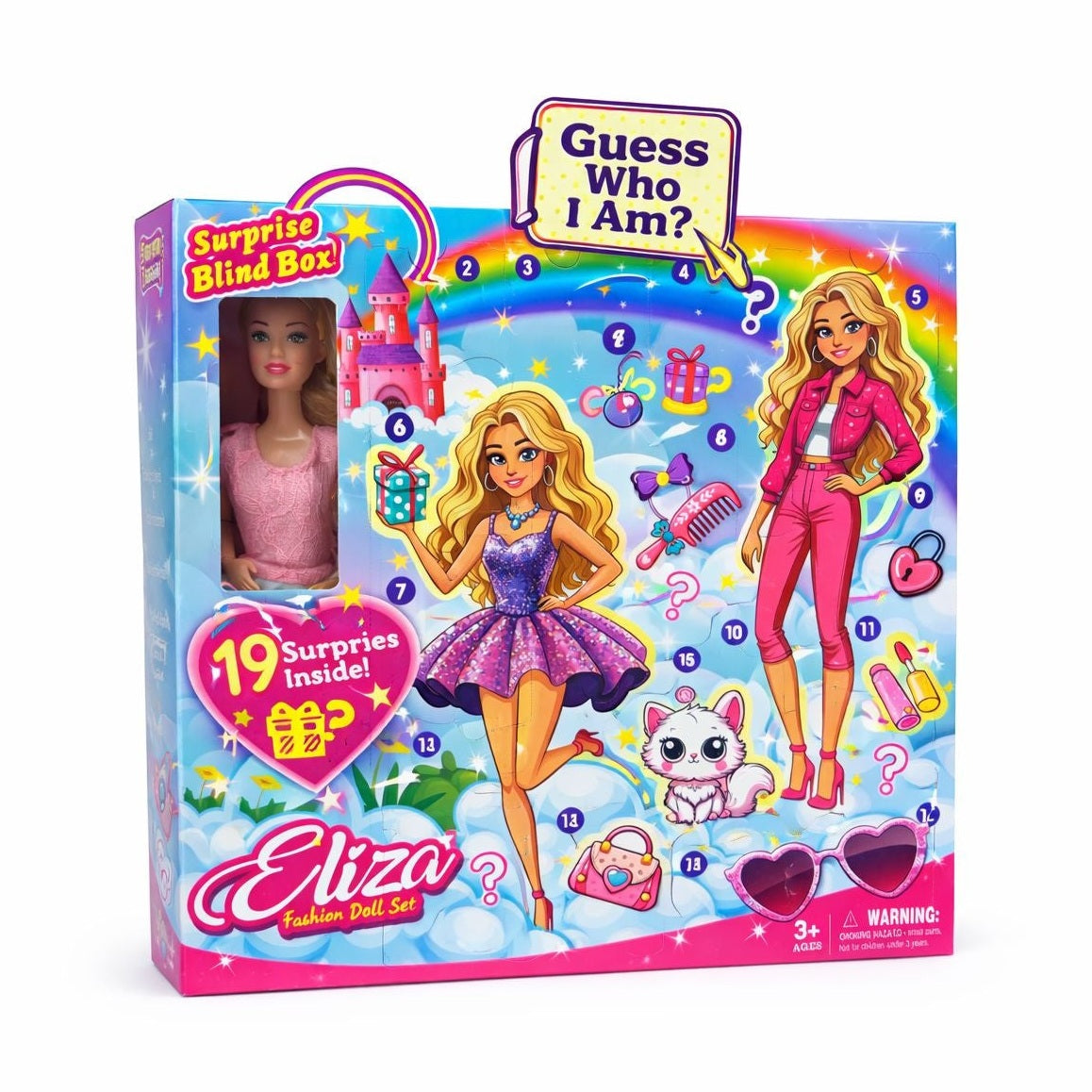 Papusa cu 19 surprize si accesorii fashion, set cadou interactiv, model Eliza