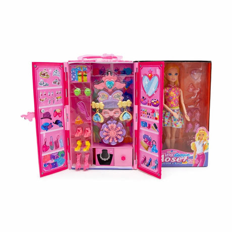 Papusa cu dressing fashion si accesorii, set complet haine si bijuterii roz