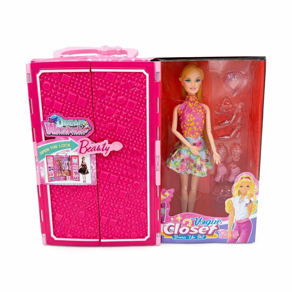 Papusa cu dressing fashion si accesorii, set complet haine si bijuterii roz