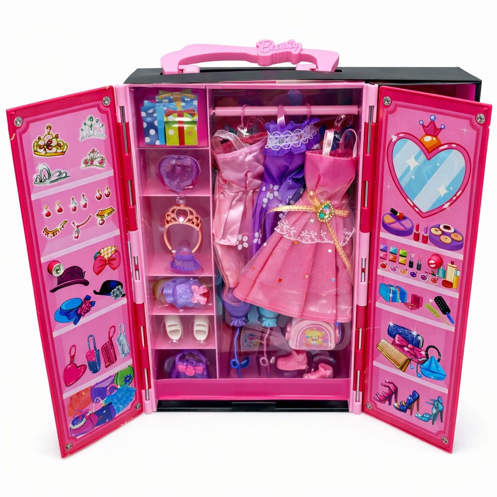 Papusa cu dressing si accesorii, set Dream Wardrobe, haine si incaltaminte incluse, roz, 32x27x6 cm