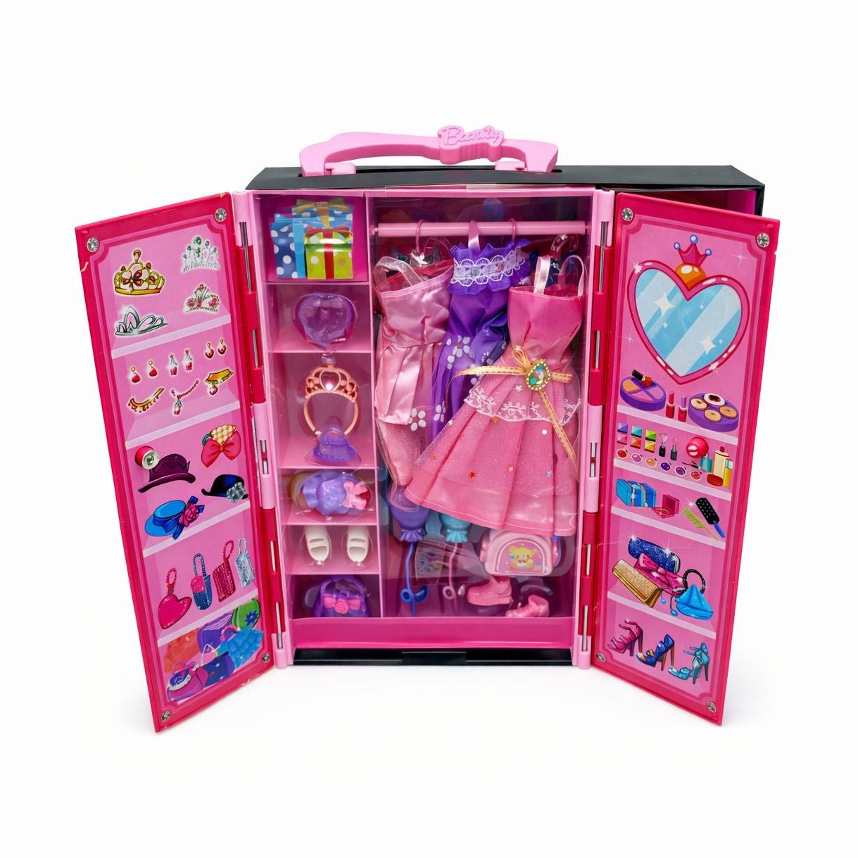 Papusa cu dressing si accesorii, set Dream Wardrobe, haine si incaltaminte incluse, roz, 32x27x6 cm