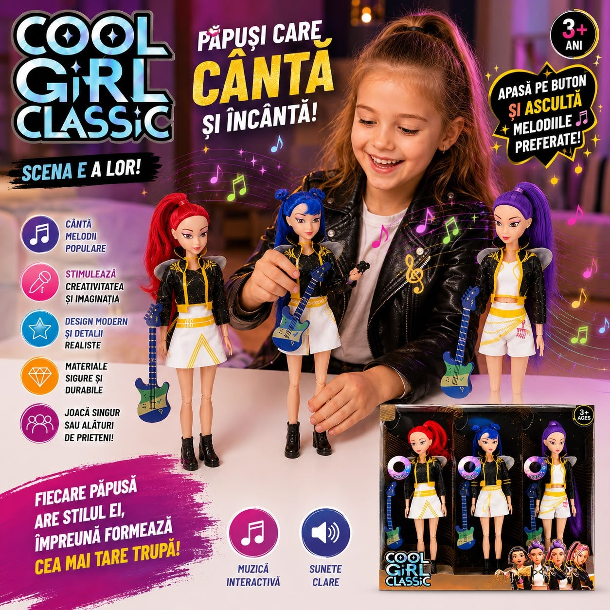 Păpușă cu Muzică pentru Fetițe, Chitară Inclusă, Model Aleatoriu, Jucărie Interactivă cu Sunete