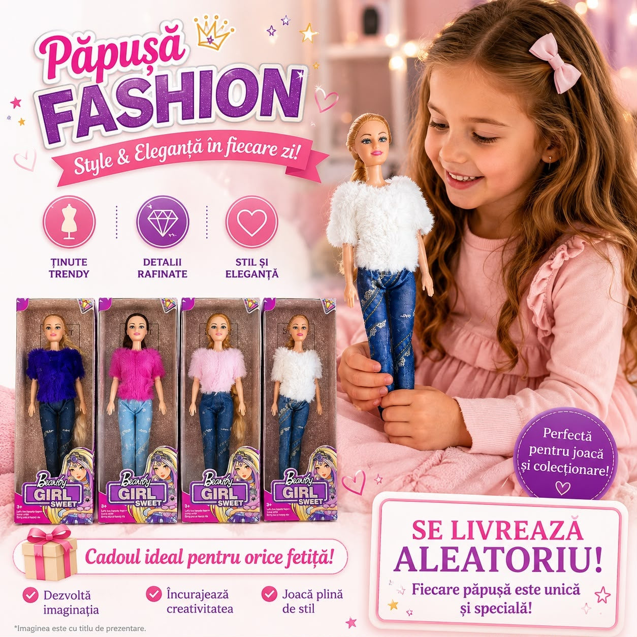 Păpușă Fashion Beauty Girl pentru Fetițe 3+ – Model Aleatoriu, Ținută Modernă și Păr Lung