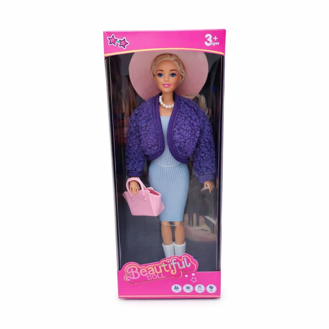 Papusa fashion cu accesorii, tinuta eleganta, palarie si geanta, 32.5 cm