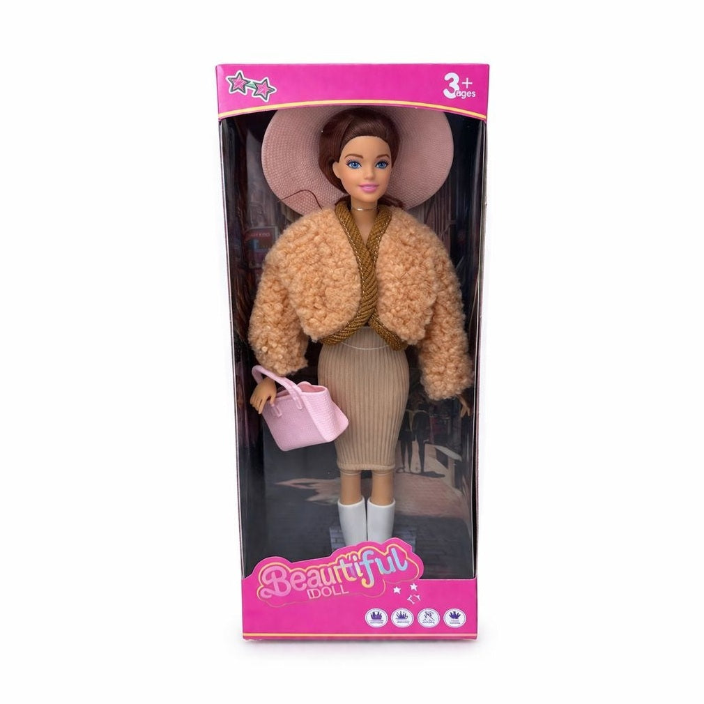 Papusa fashion cu accesorii, tinuta eleganta, palarie si geanta, bej, 32.5 cm
