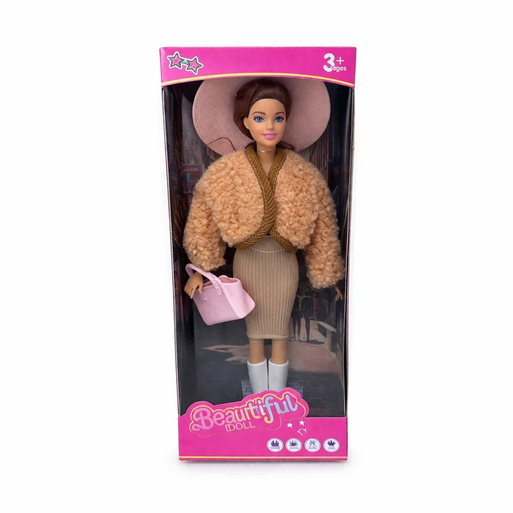 Papusa fashion cu accesorii, tinuta eleganta, palarie si geanta, bej, 32.5 cm