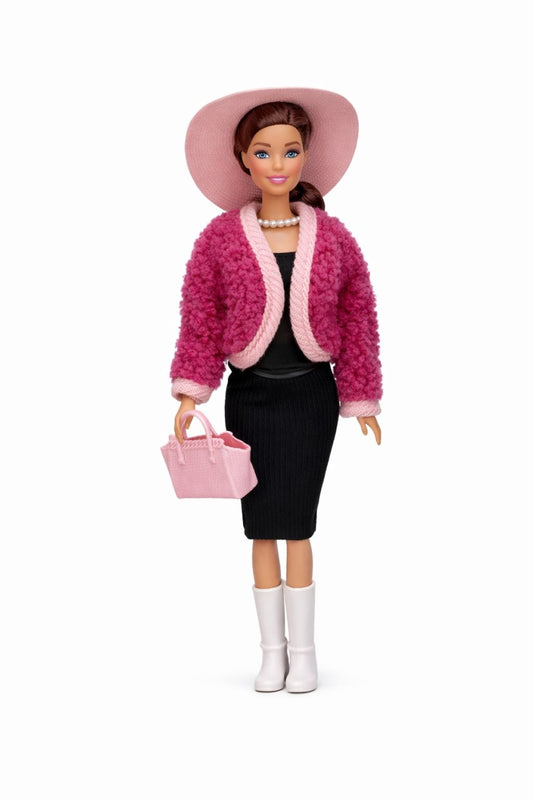 Papusa fashion cu accesorii, tinuta eleganta, palarie si geanta, roz, 32.5 cm