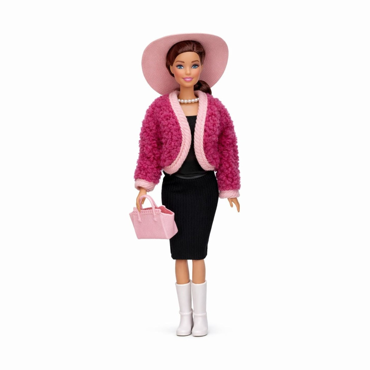Papusa fashion cu accesorii, tinuta eleganta, palarie si geanta, roz, 32.5 cm