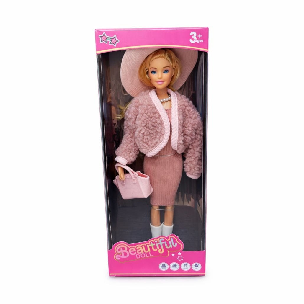 Papusa fashion cu accesorii, tinuta eleganta, palarie si geanta, roz deschis, 32.5 cm
