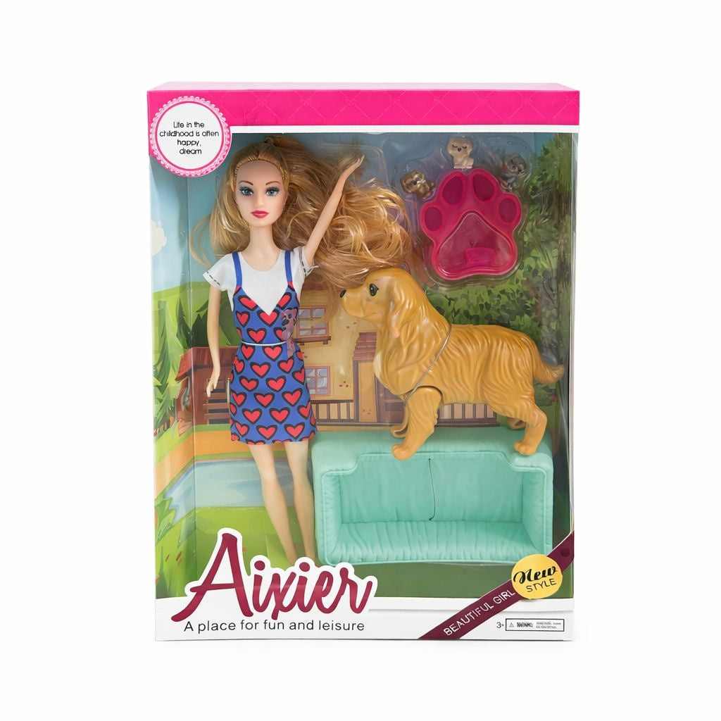 Papusa fashion cu animal de companie si accesorii, set joaca, model aleator, 32 cm