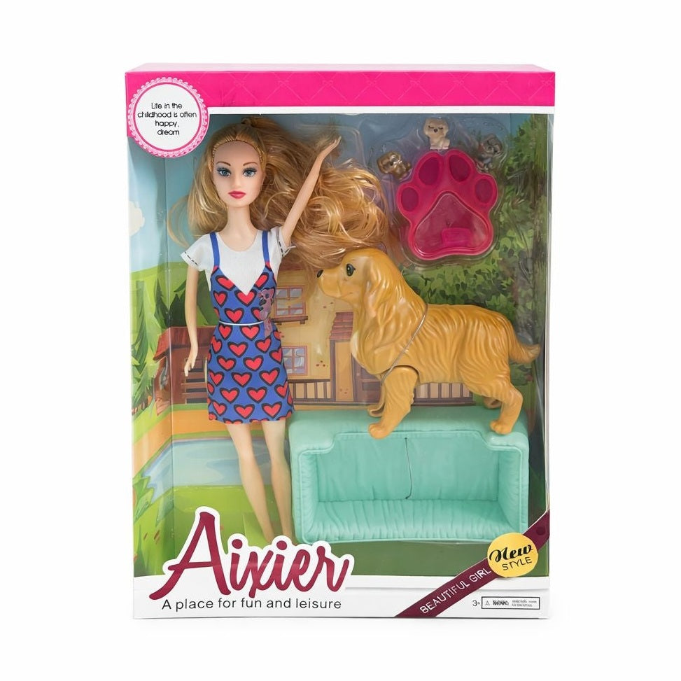 Papusa fashion cu animal de companie si accesorii, set joaca, model aleator, 32 cm