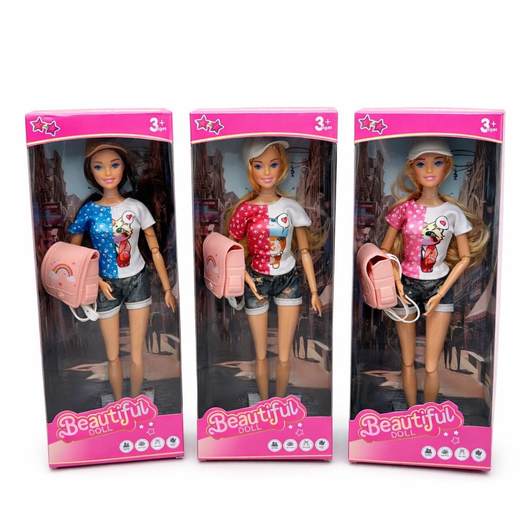 Papusa fashion cu ghiozdan si tinuta casual, modele variate, Beautiful Doll