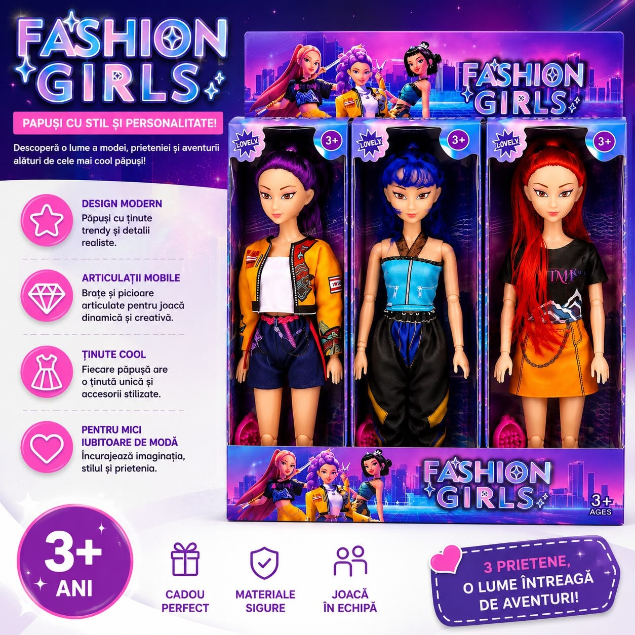 Păpușă Fashion Girls 30 cm, Model Aleatoriu, Articulații Mobile, 3+ Ani