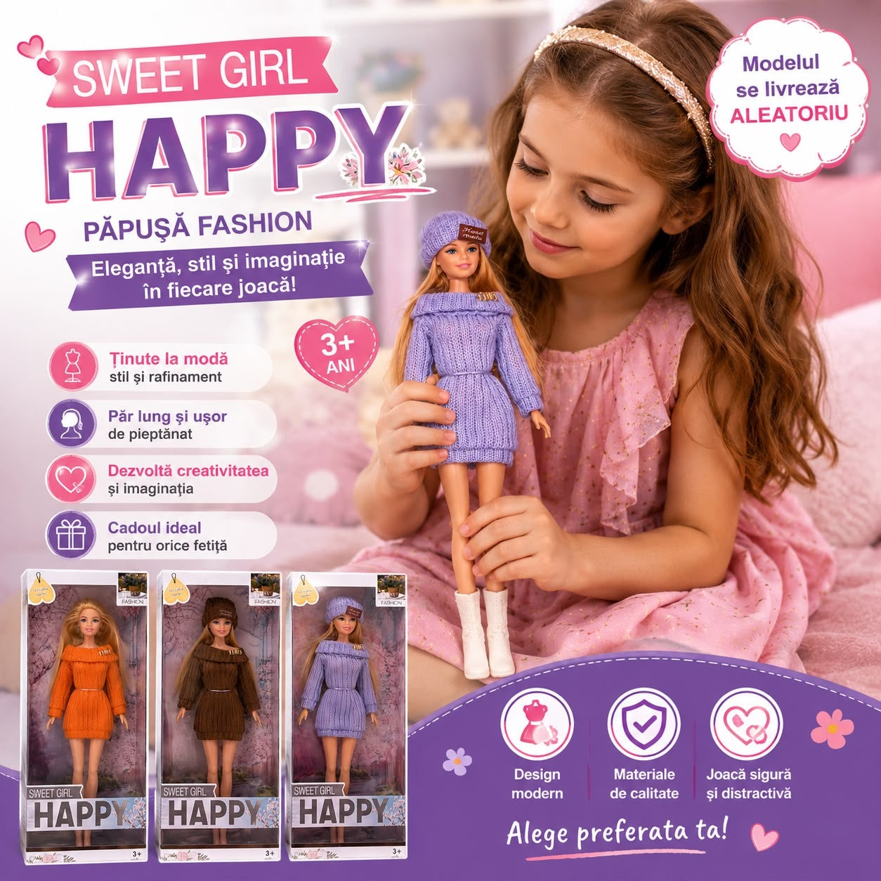 Păpușă Fashion Sweet Girl Happy pentru Fetițe 3+ – Model Aleatoriu, Păr Lung și Ținută Modernă