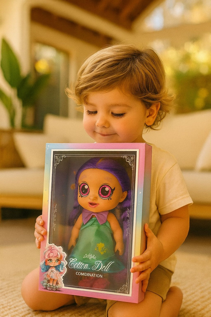 Papusa muzicala Cotton Doll cu Rochie Verde si Par Mov , Jucarie pentru Fetite, 28x20x10cm