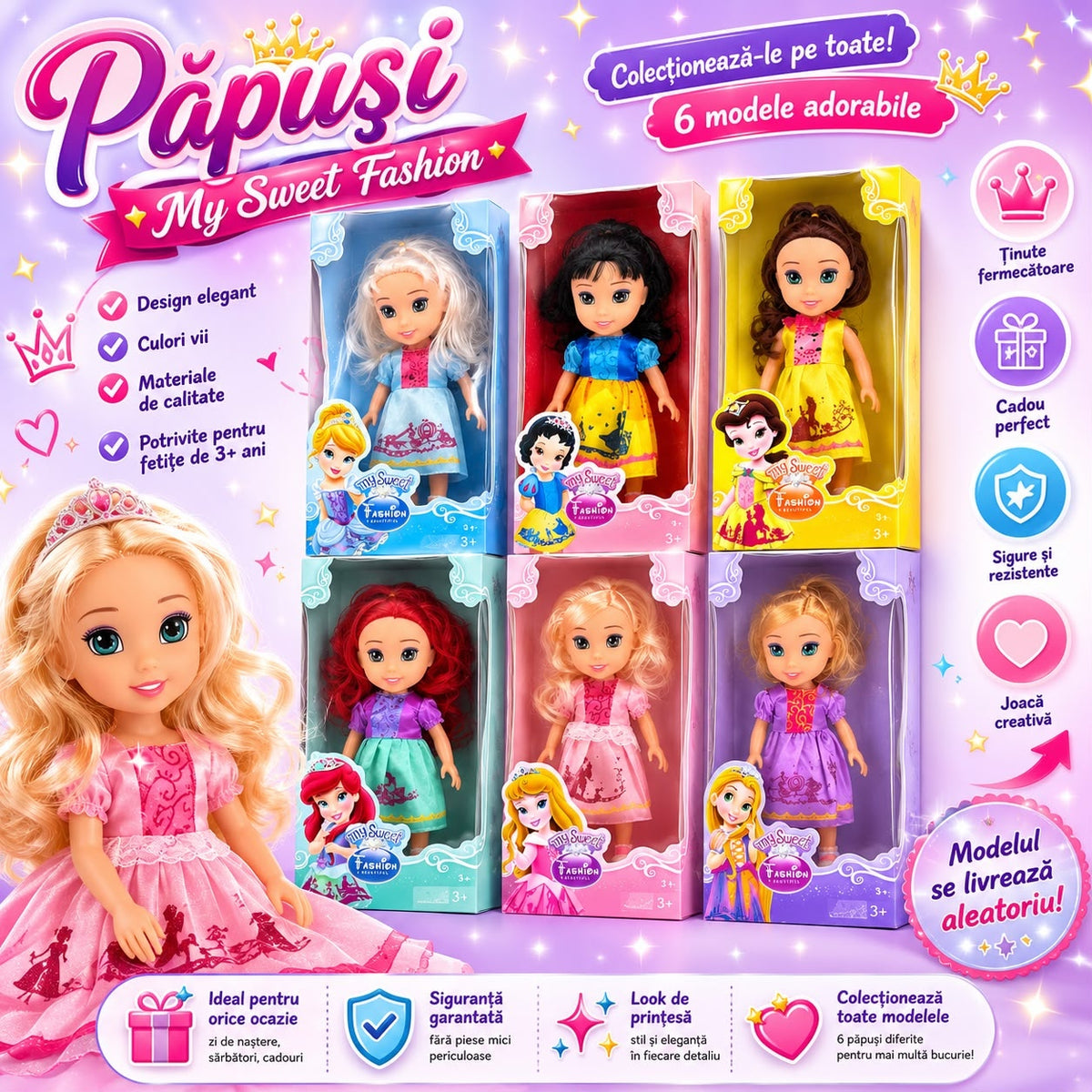 Păpușă Prințesă pentru Fetițe 3+ Ani, My Sweet Fashion, Model Aleatoriu, Rochie Elegantă