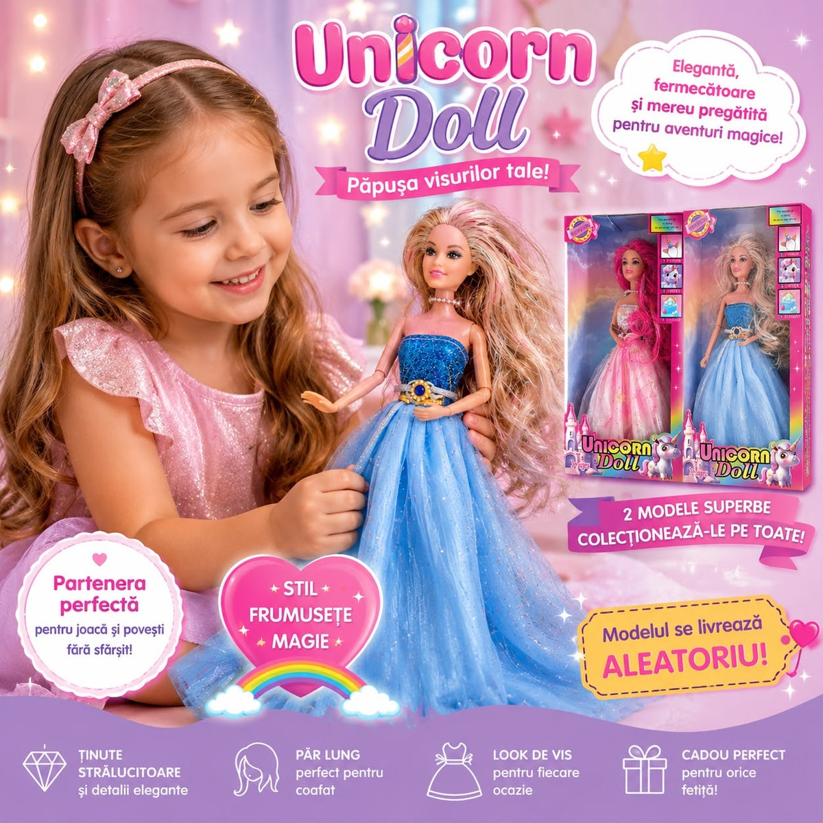 Păpușă Prințesă Unicorn pentru Fetițe, 30 cm, Păr Lung pentru Coafat, Rochie Elegantă – Model Aleatoriu