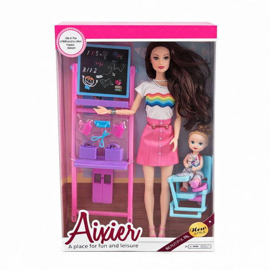 Papusa profesoara cu bebelus si accesorii scoala, set joaca educativ, 32 cm