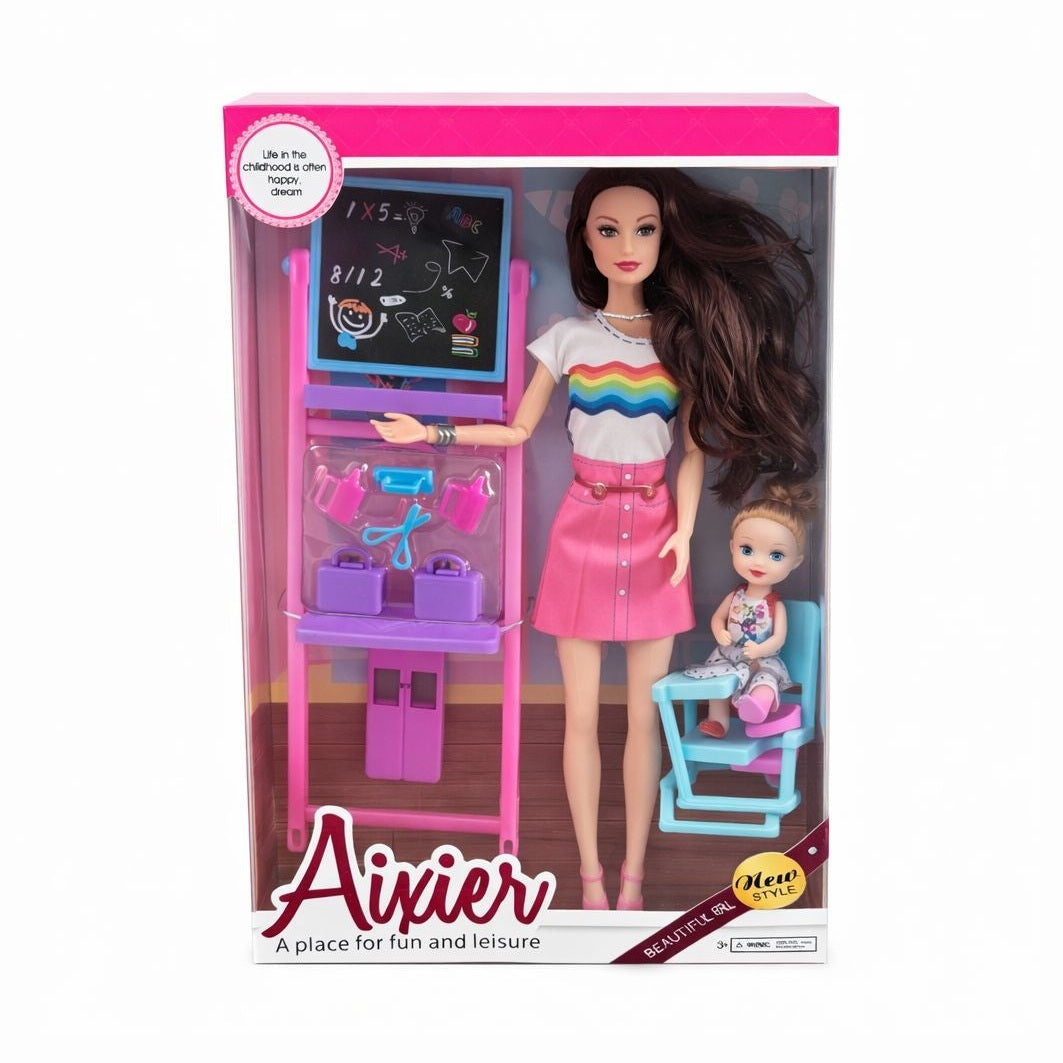 Papusa profesoara cu bebelus si accesorii scoala, set joaca educativ, 32 cm
