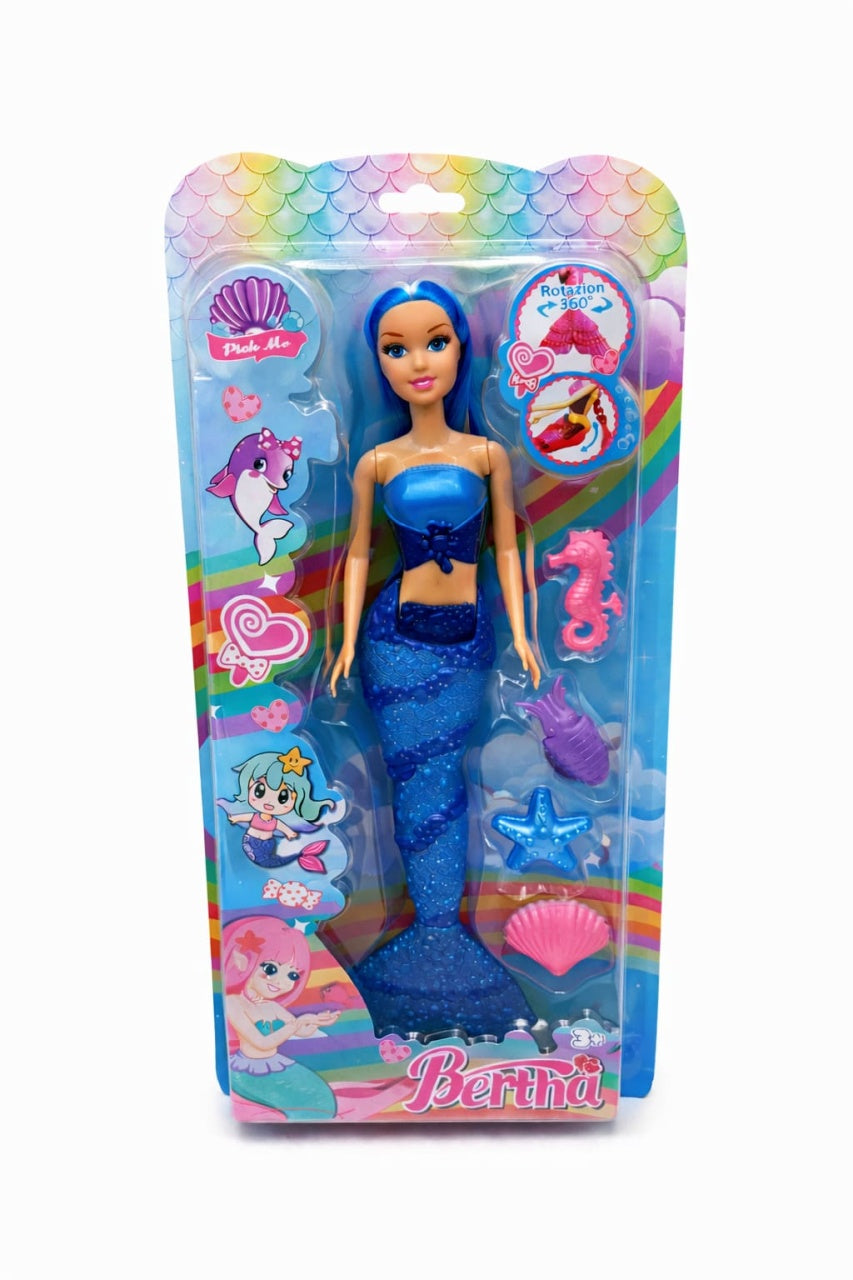 Papusa sirena albastra cu accesorii marine, set jucarie 37 x 16 cm