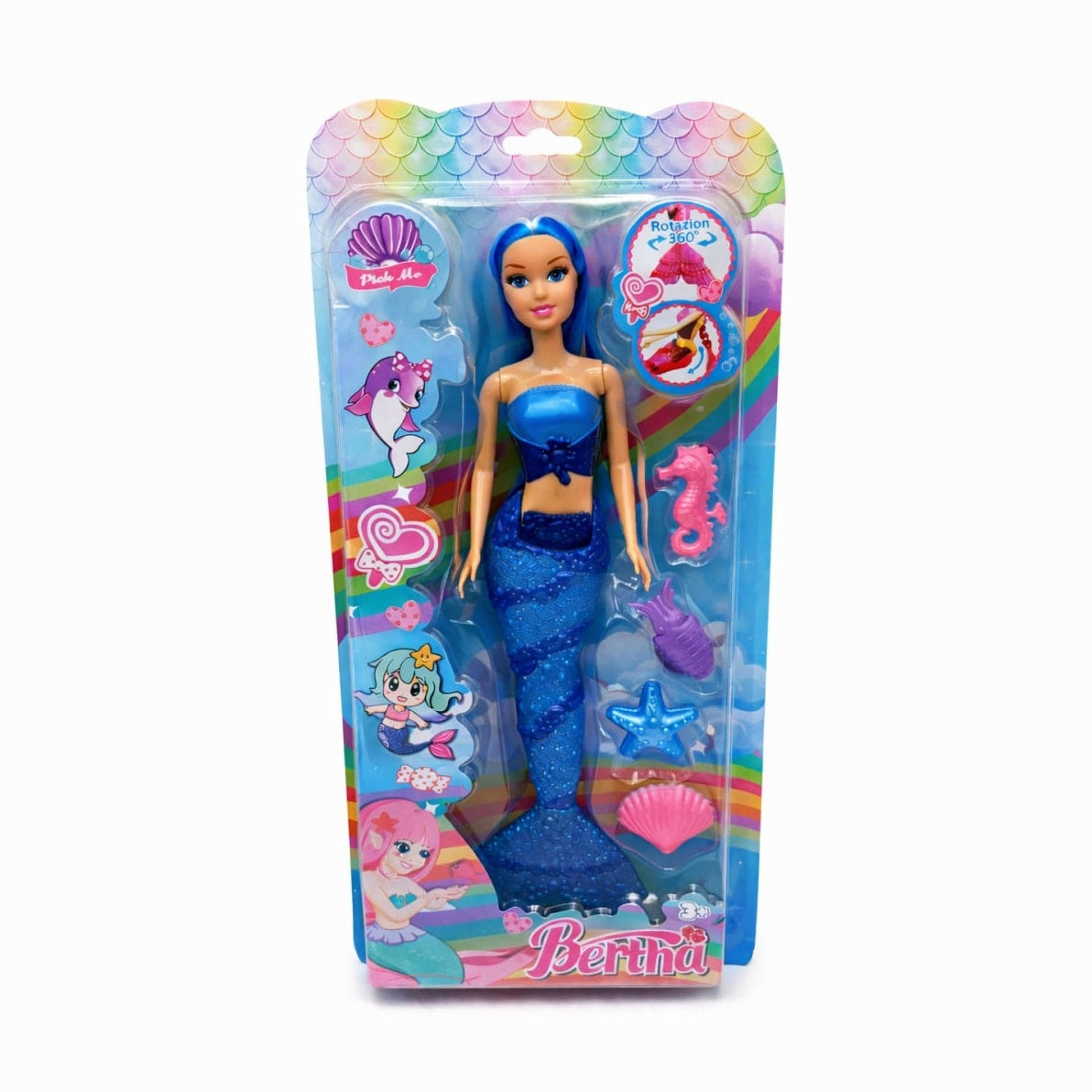 Papusa sirena albastra cu accesorii marine, set jucarie 37 x 16 cm