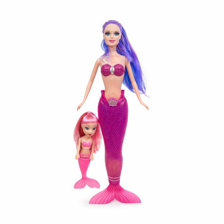 Papusa Sirena cu Pui Sirena, Set Papusi Copii cu Par Mov si Coada Roz, 38 cm