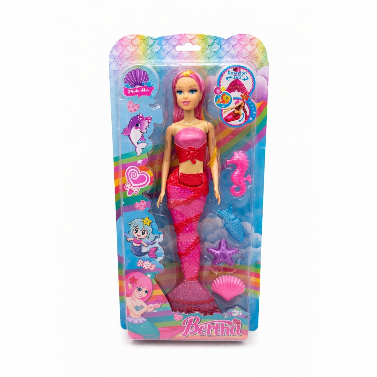 Papusa sirena roz cu accesorii marine, set jucarie copii 37 x 16 cm
