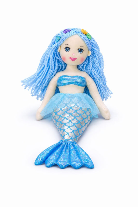 Papusa sirena textila muzicala 42 cm, canta „Bau Bau”, albastru, jucarie copii +3 ani