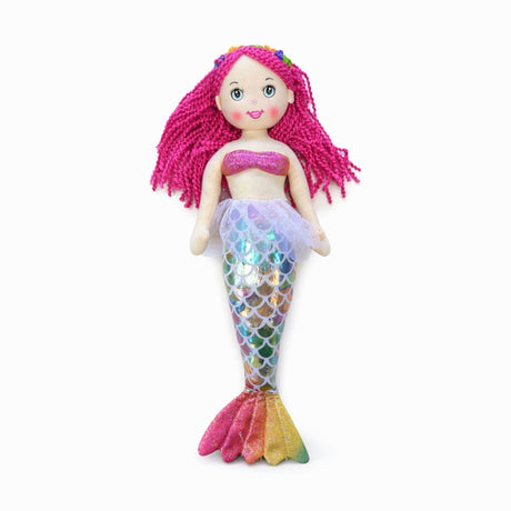 Papusa sirena textila muzicala 42 cm, canta „Bau Bau”, coada curcubeu, par roz, +3 ani