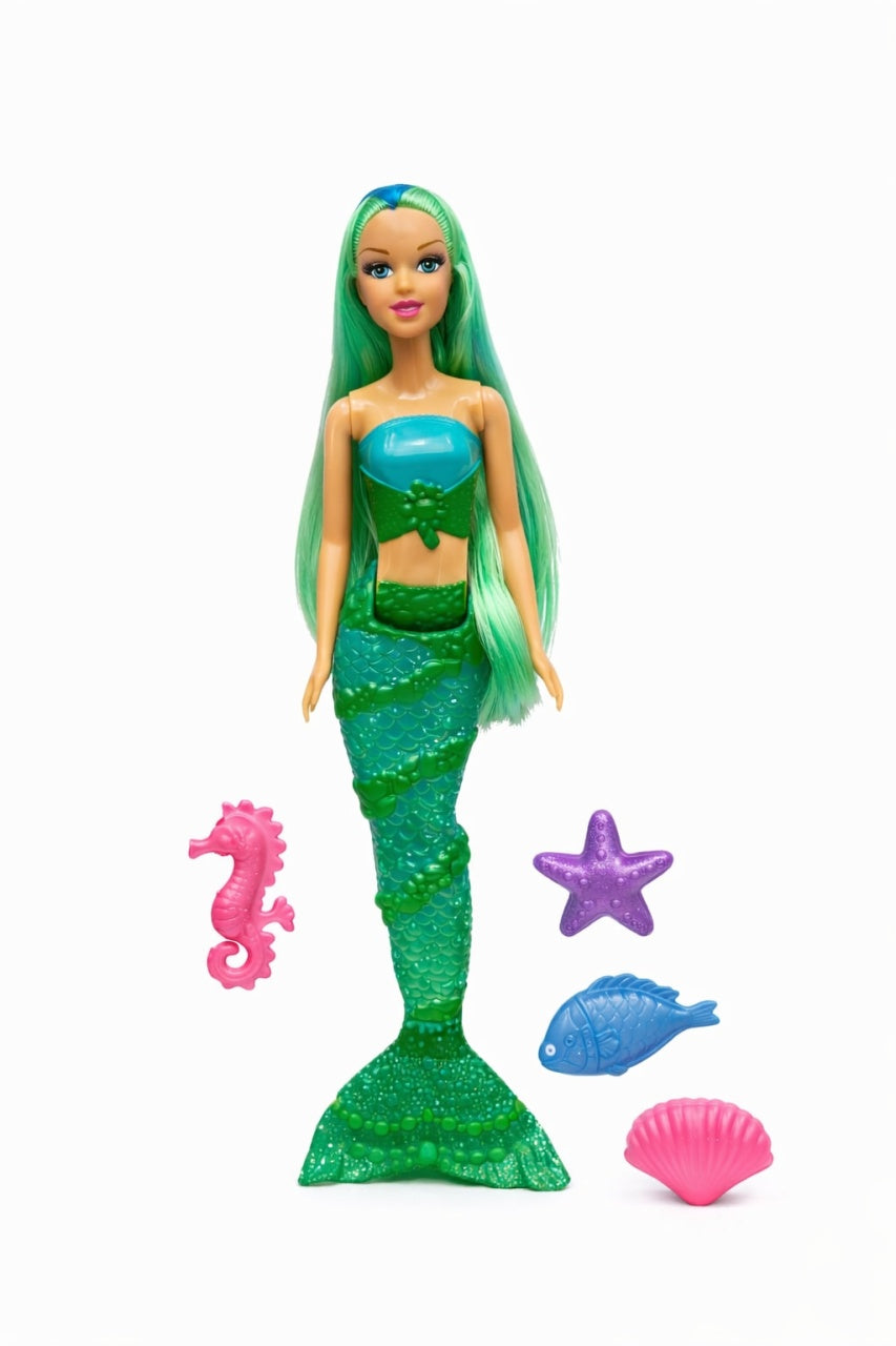 Papusa sirena verde cu accesorii marine, set jucarie copii 37 x 16 cm