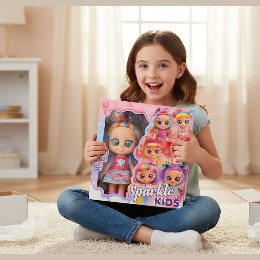 Papusa Sparkle Kids cu Ochisori 5D si Par Curcubeu , 30x30 cm