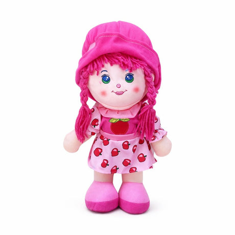 Papusa textila 38 cm, recita „Ingerasul”, rochie roz cu mere, jucarie copii +3 ani