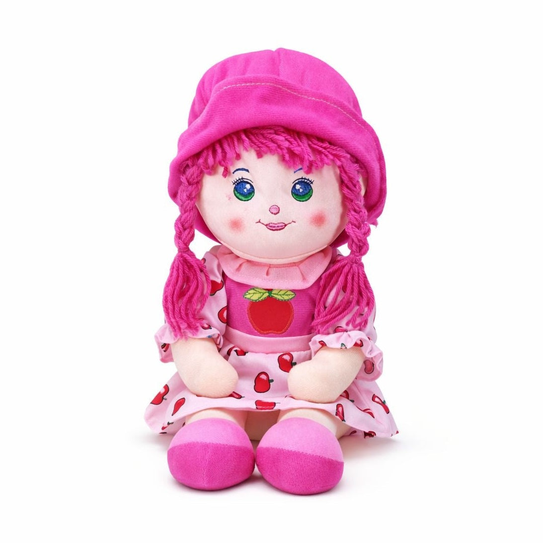 Papusa textila 38 cm, recita „Ingerasul”, rochie roz cu mere, jucarie copii +3 ani