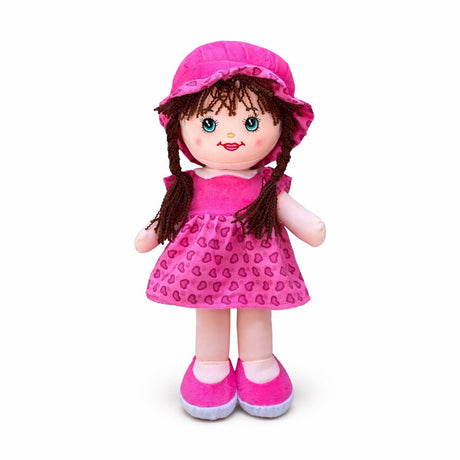 Papusa textila muzicala 40 cm, canta „Bau Bau”, rochie roz intens cu inimioare, jucarie copii
