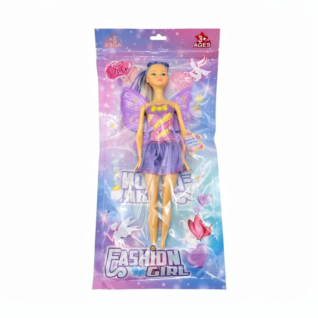 Papusa zana jucarie 30 cm cu aripi si rochie mov roz, Fashion Girl