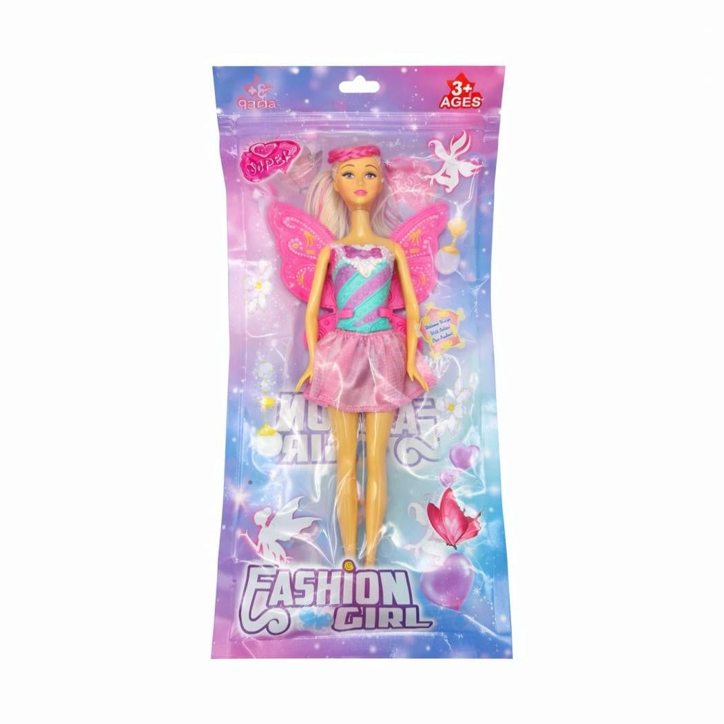 Papusa zana jucarie 30 cm cu aripi si rochie roz, Fashion Girl