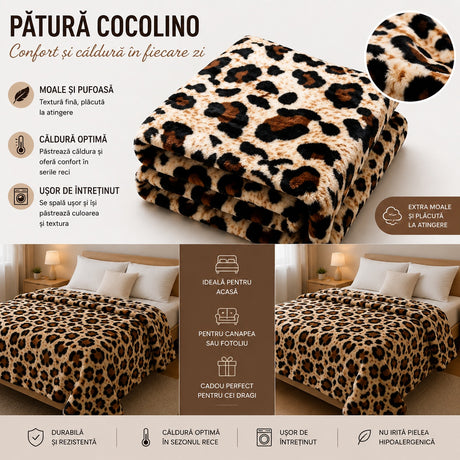Patura Cocolino Pufoasa Animal Print Leopard, Crem/Maro/Negru, 200x220 cm